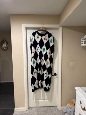 Dressed in LALA Black and White Diamond Maxi Dress with Colorful Motifs